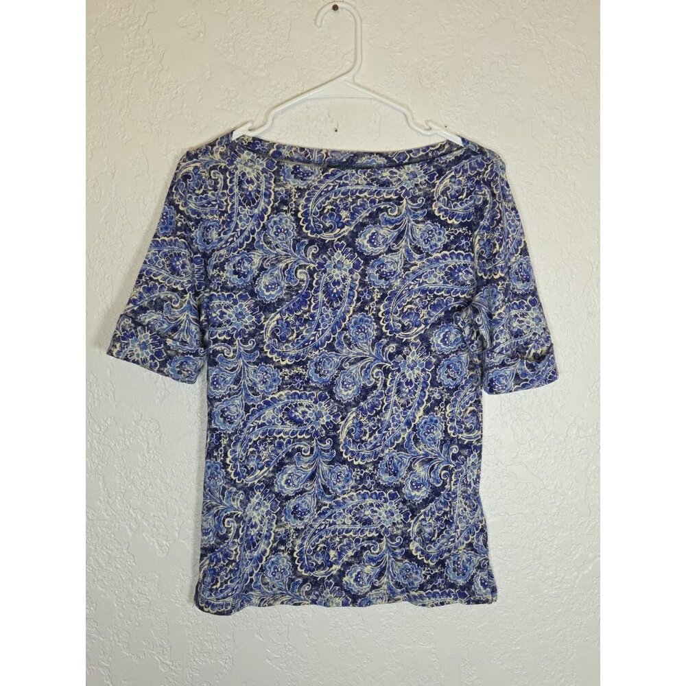 Lauren Ralph Lauren Women's Blue Paisley Print 3/4 Sleeve knit Tunic Top Medium